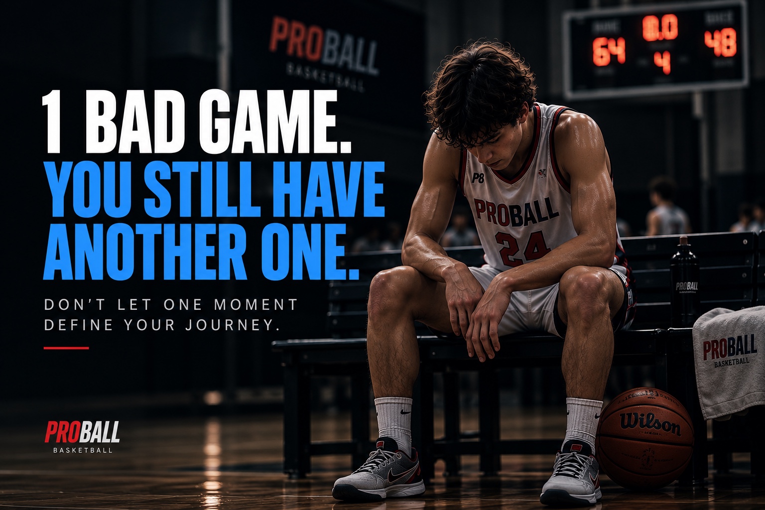 Young ProBall basketball player sitting on the bench after a tough game, showing that one bad performance doesn’t define a player’s basketball journey.
